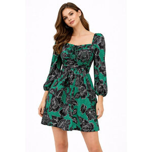Caroline Constas Green Floral Smocked Mini Dress Cotton Puff Sleeve Sz XS